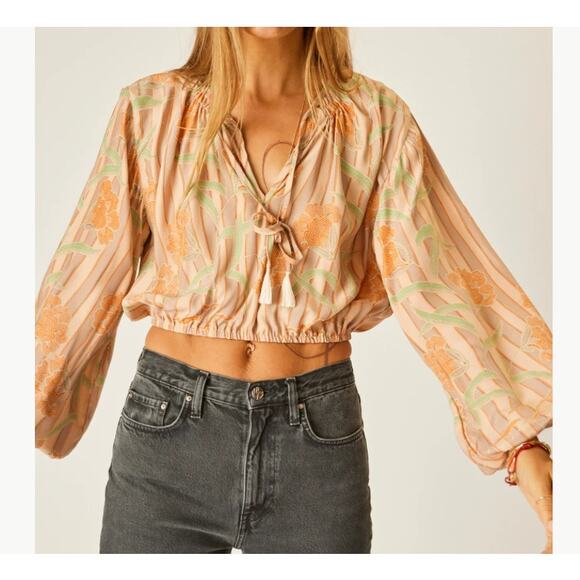 Natalie Martin Amelia Floral Silk Boho Long Sleeve Cropped Top Med- Boho/Cottage - Picture 1 of 13